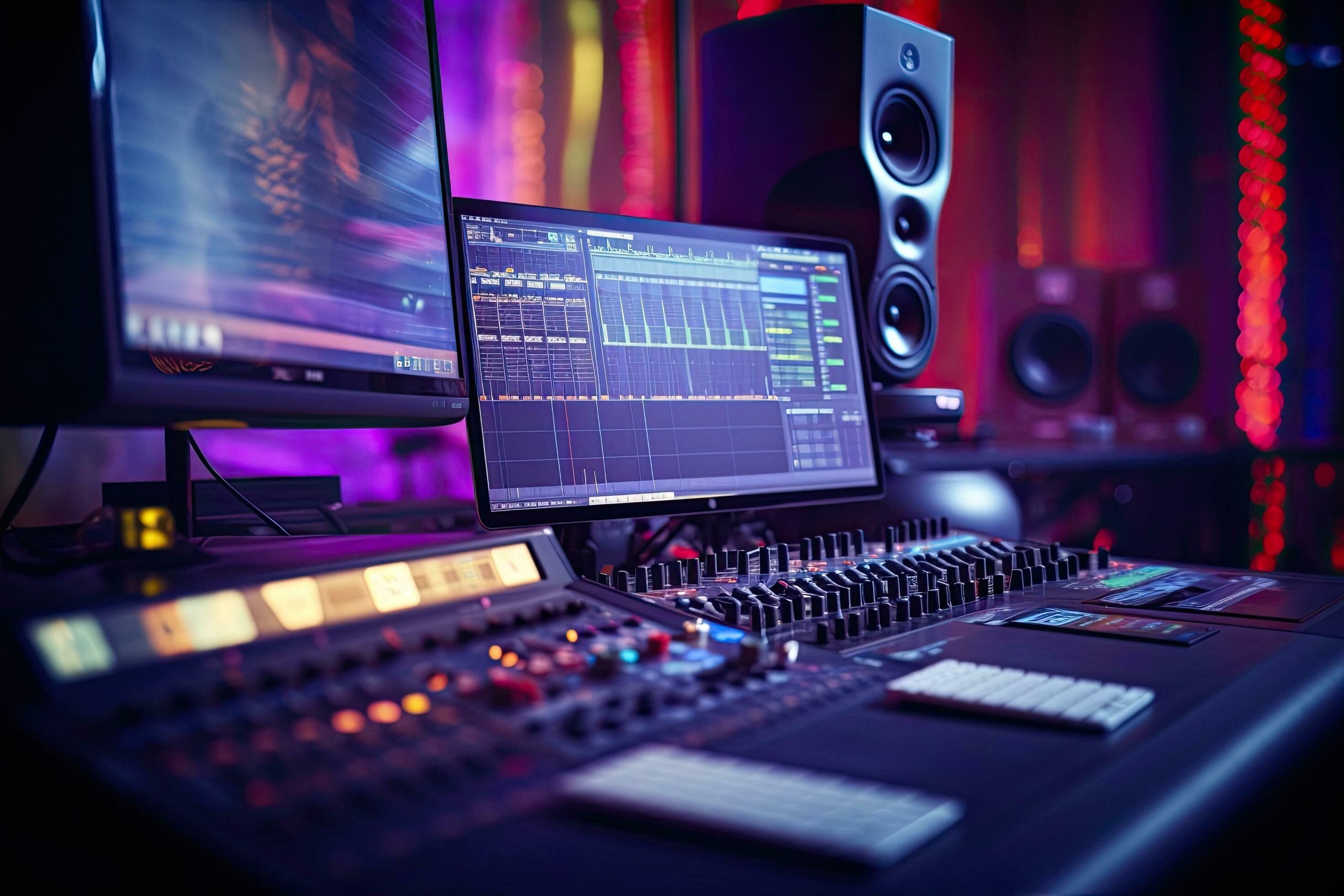 Video editing suite with monitors and headphones